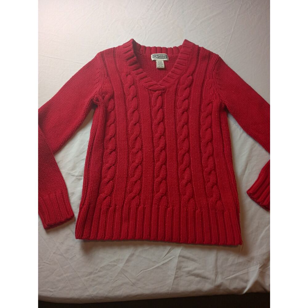 Womens Red Cable Knit Red Glitter Sweater V-Neck Pull on Festival Medium